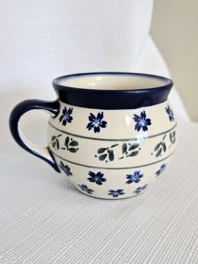 Polish Pottery Bubble Mug Coffee Cup Blue Flower Leaf Band READ